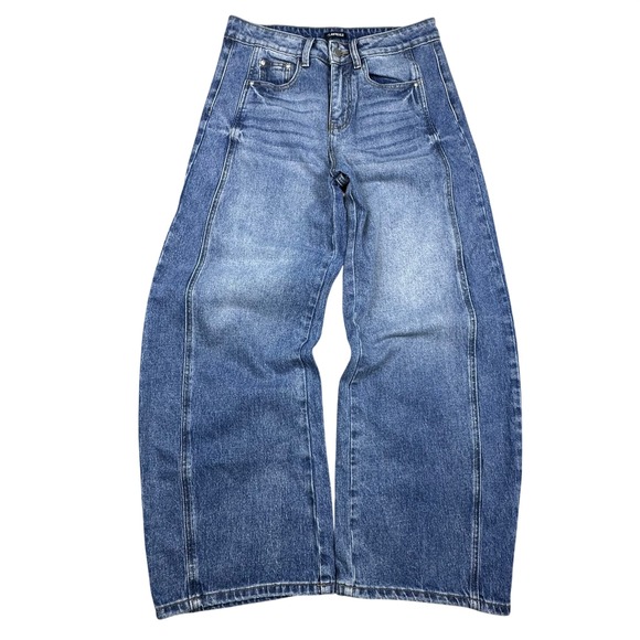 Flamingals Denim - Flamingals Wide Leg Paneled Jeans Medium Wash High Rise Baggy Denim Blue Y2K